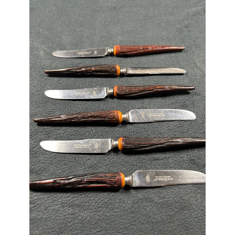 6pc F.A. Kirk Cutlers Sheffield England Stainless Steak Knives Faux Stag Handle